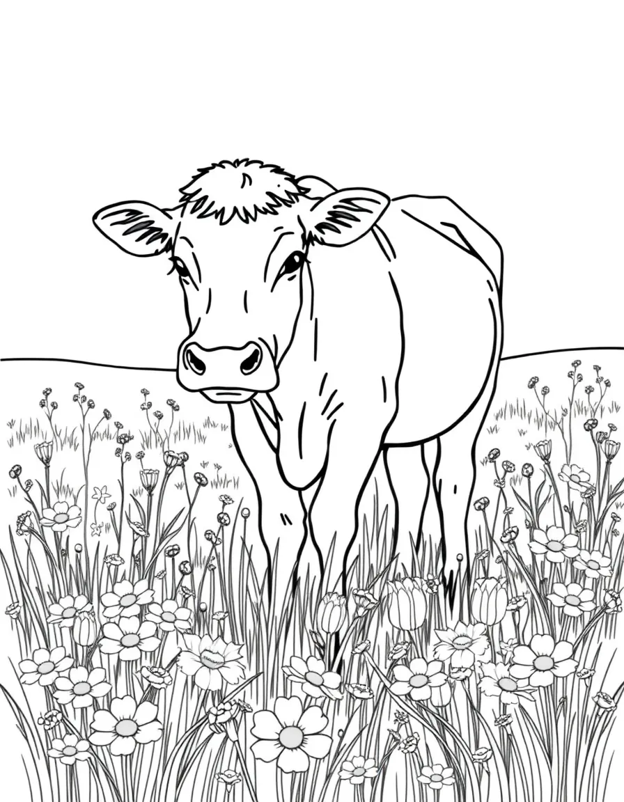 A cow grazing in a field full of wildflowers.