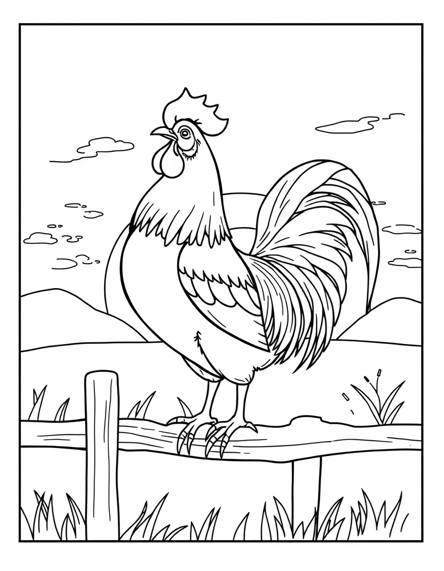 A rooster standing proudly on a fence at sunrise.