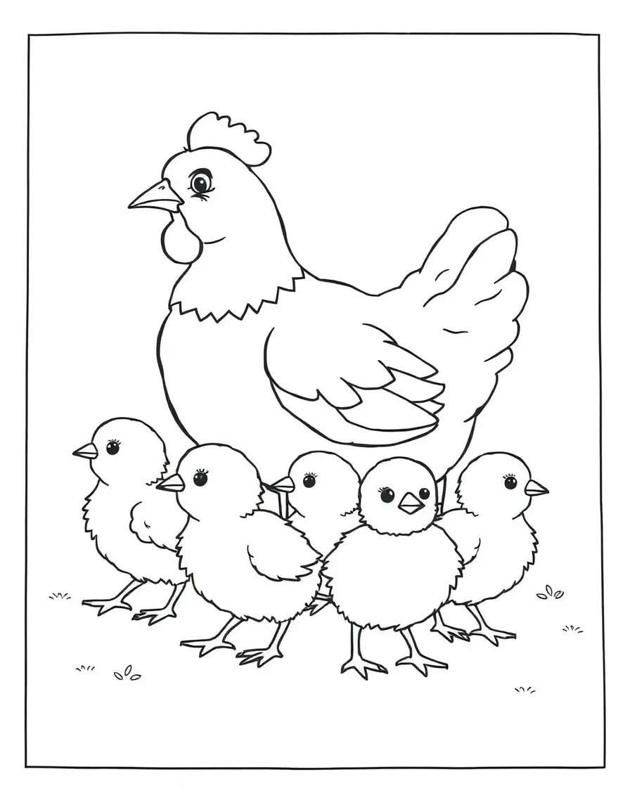 A group of baby chicks following their mother hen.