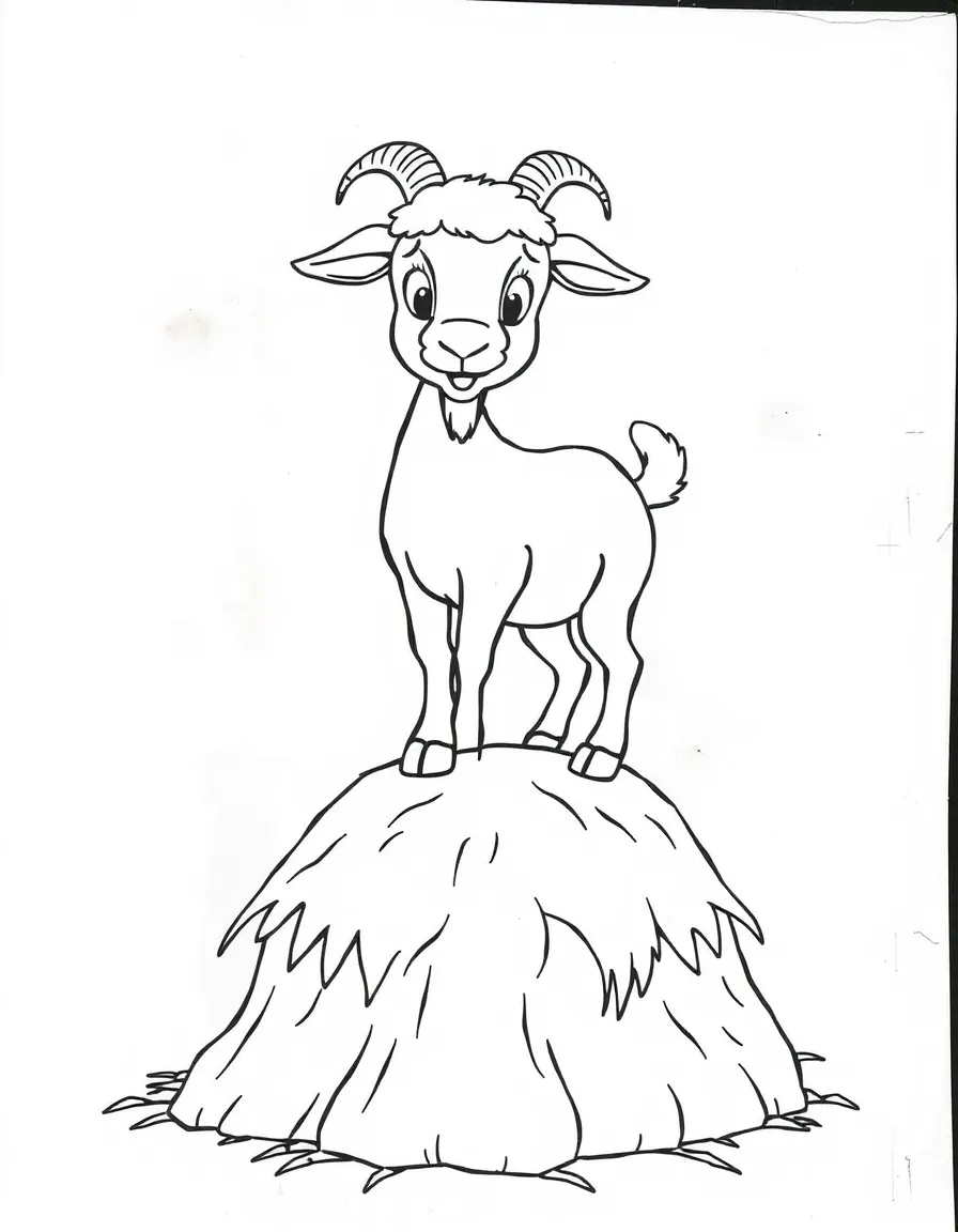 A goat standing on top of a haystack.