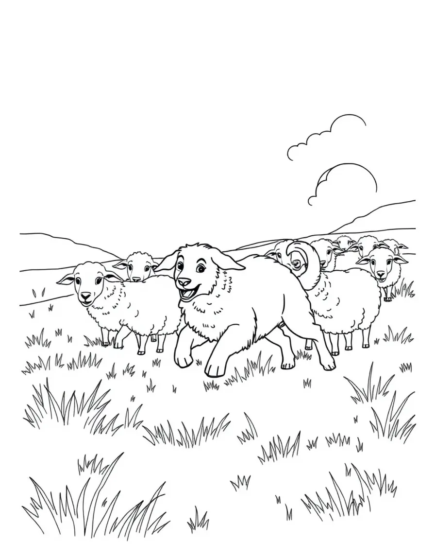 A sheepdog herding a flock of sheep in a meadow.