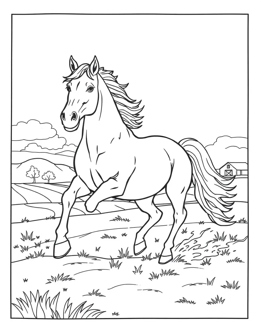 A horse galloping across a farm landscape.