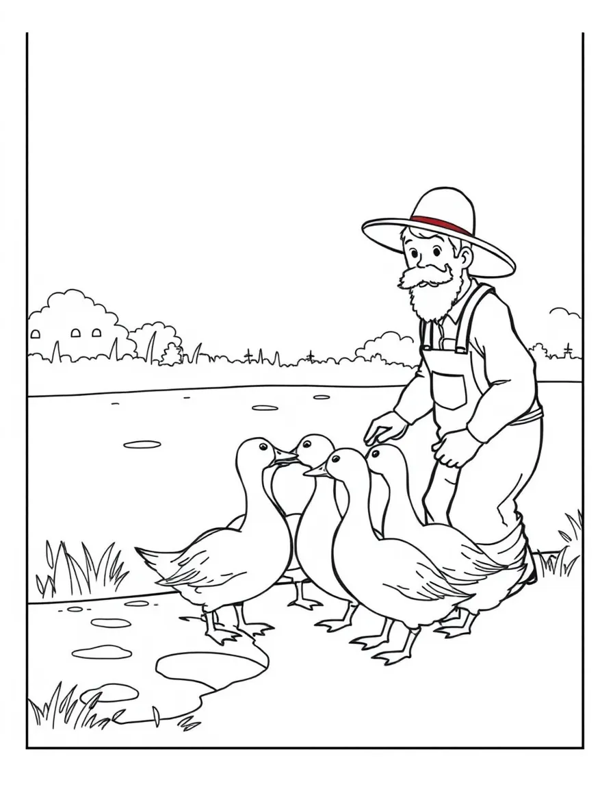 A farmer feeding a group of ducks by a pond.