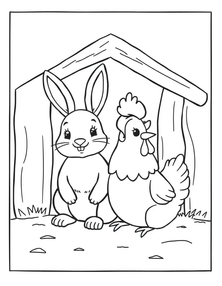 A rabbit and a chicken sitting together in a barn.