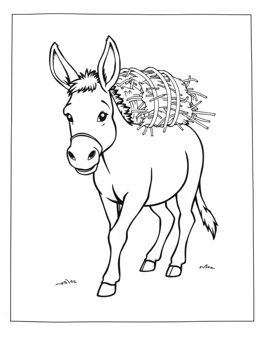 A donkey carrying a small load of hay on its back.