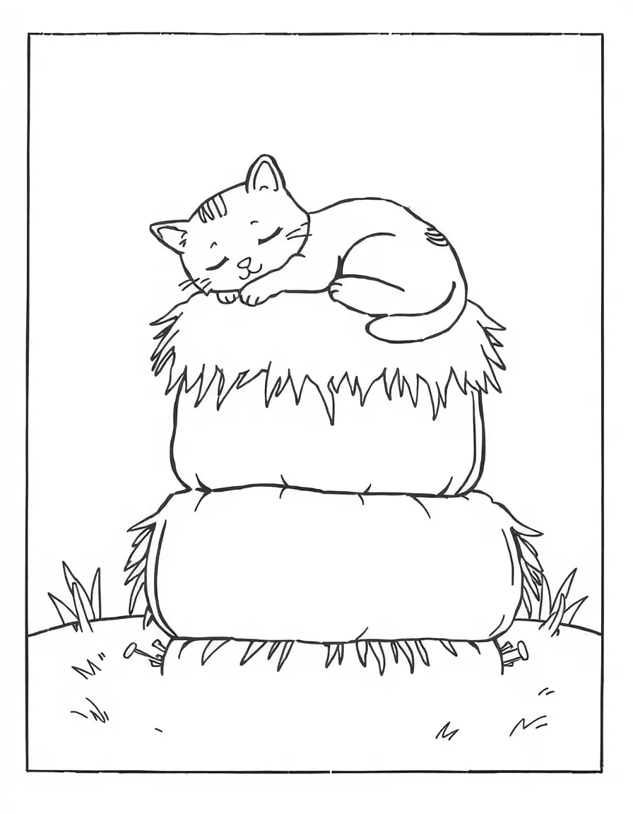 A cat sleeping on top of a stack of hay bales.
