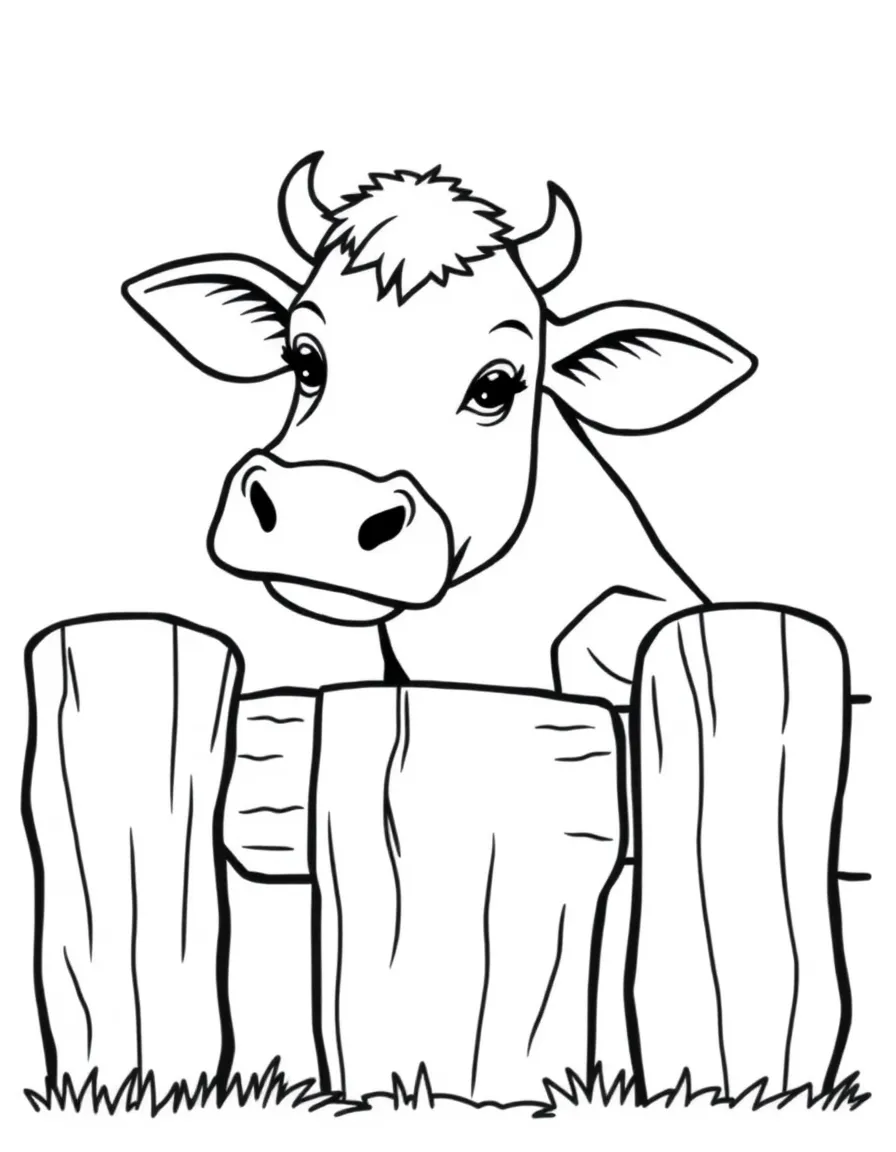 A cow peeking over a wooden fence.