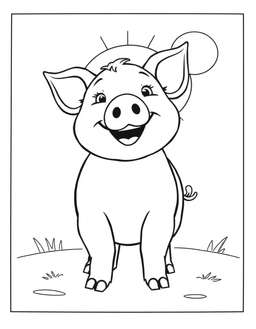 A piglet with a big happy grin, standing in the sun.