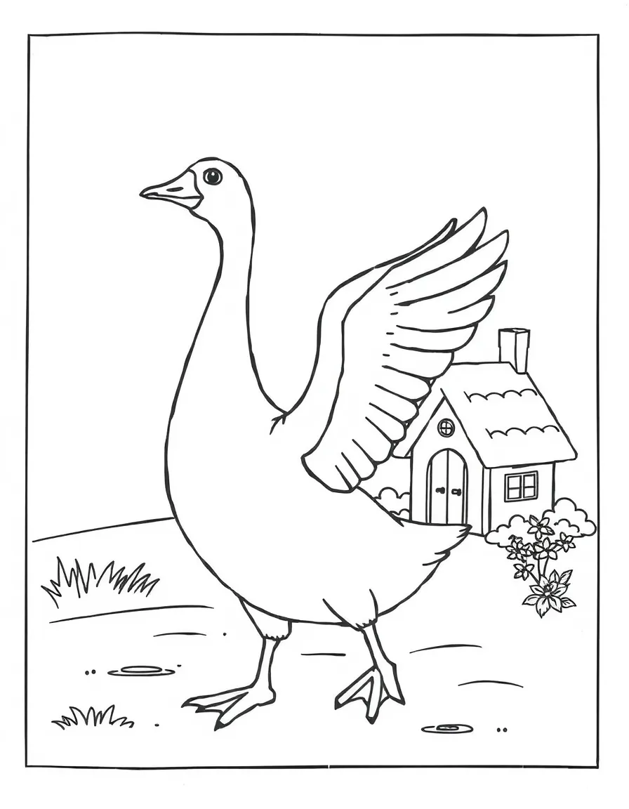 A goose flapping its wings near a small cottage.