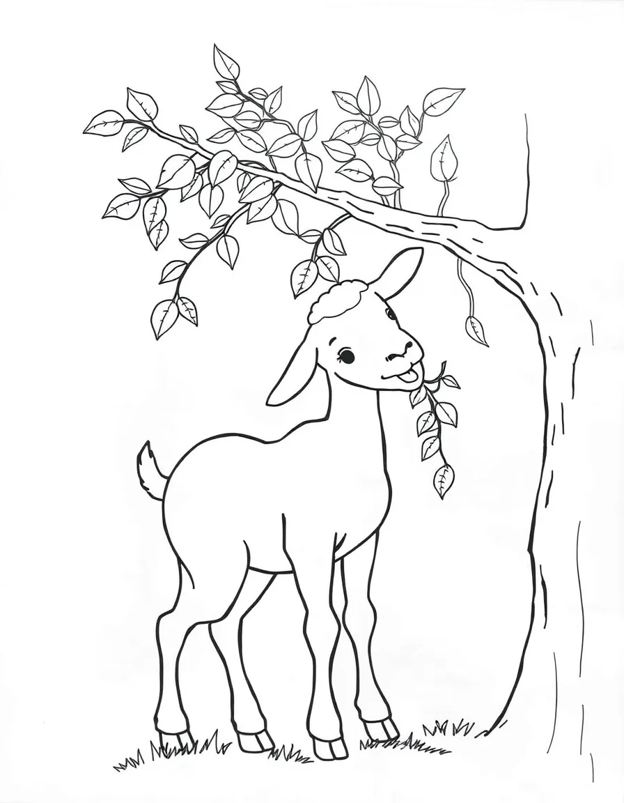 A goat eating leaves from a low-hanging tree branch.
