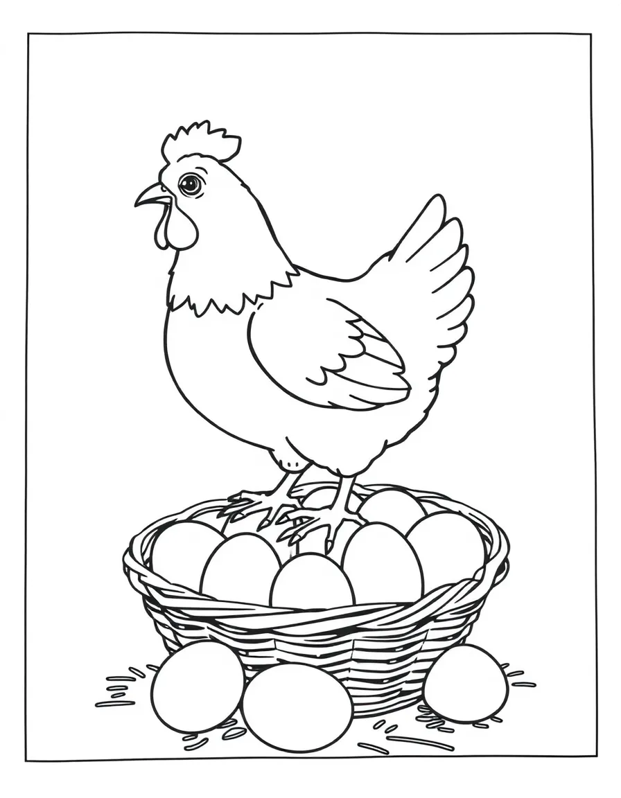 A chicken standing on top of a basket full of eggs.