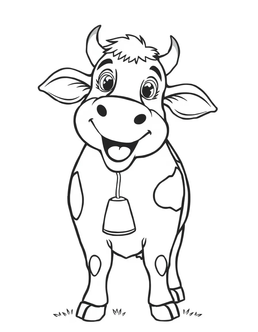 A cowbell hanging from the neck of a happy cow.