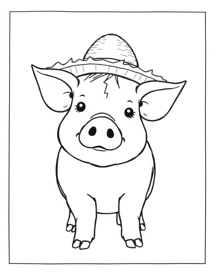A pig wearing a tiny straw hat.