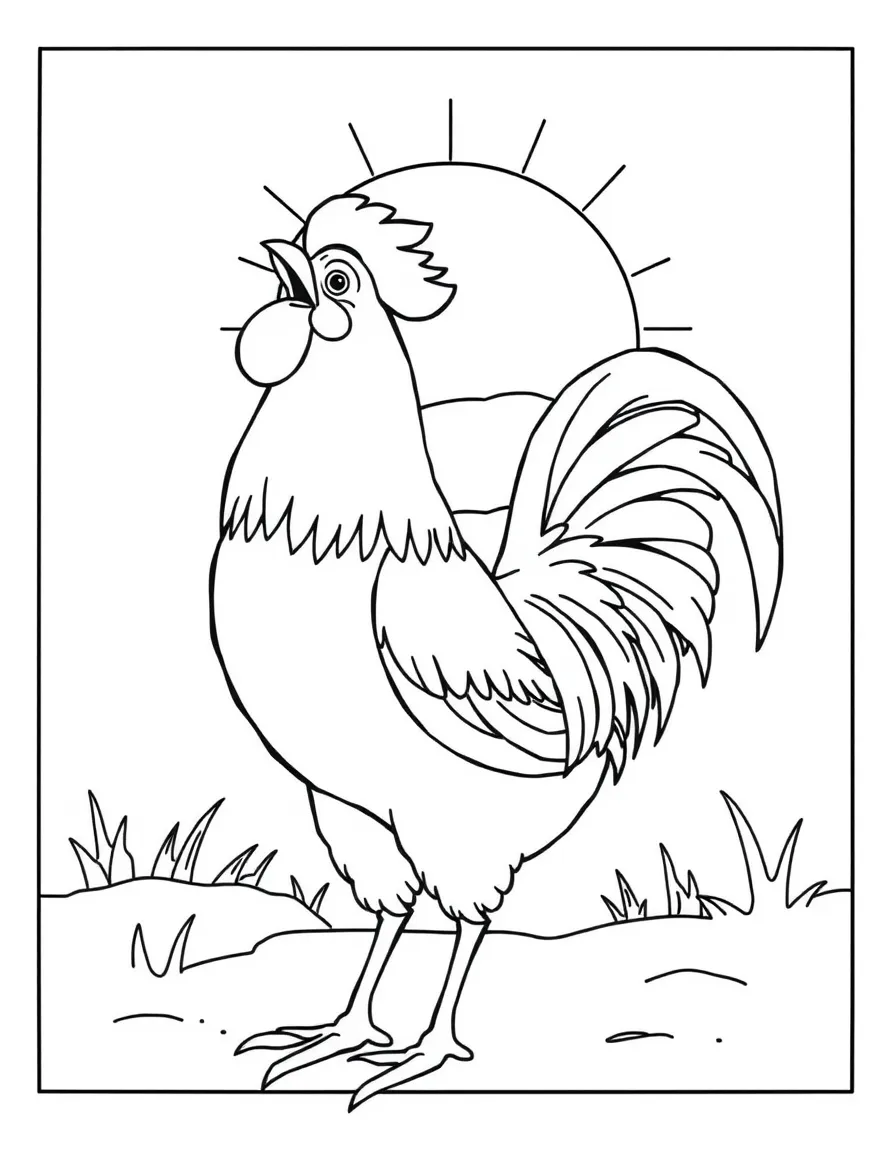 A rooster crowing loudly as the sun rises.