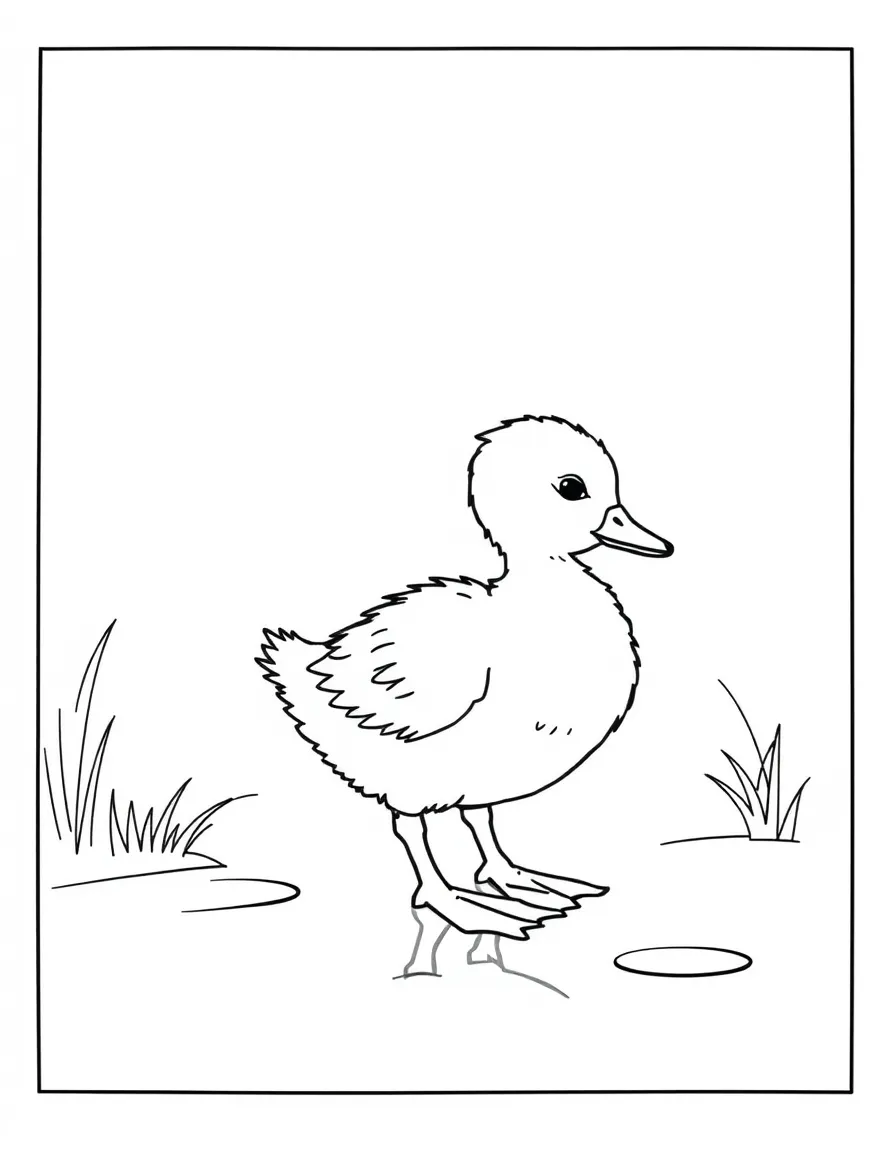 A duckling waddling beside a pond, looking at its reflection.