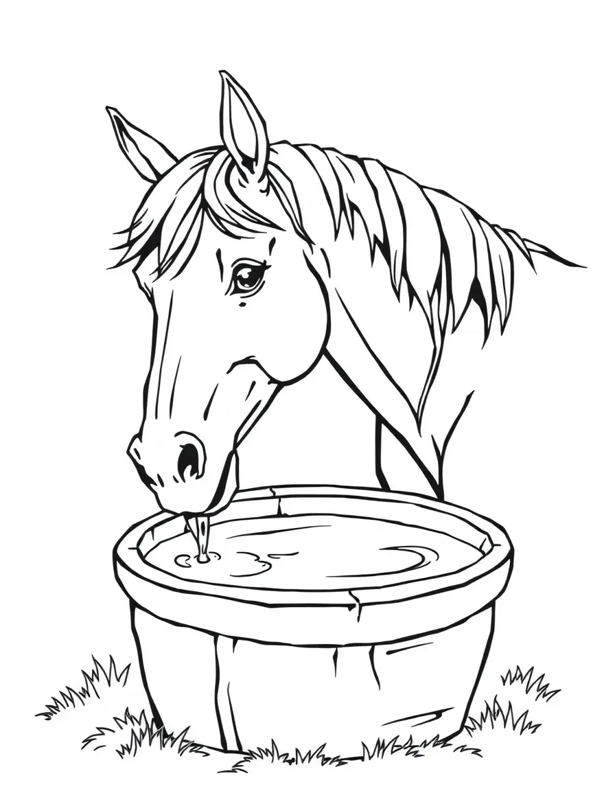 A horse drinking water from a wooden trough.