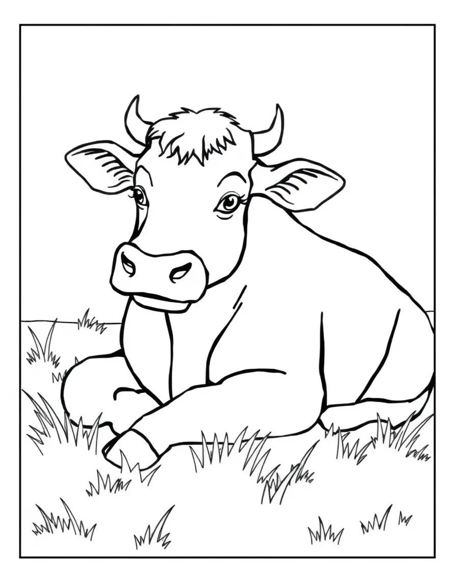 A cow lying down in a grassy field, chewing cud.