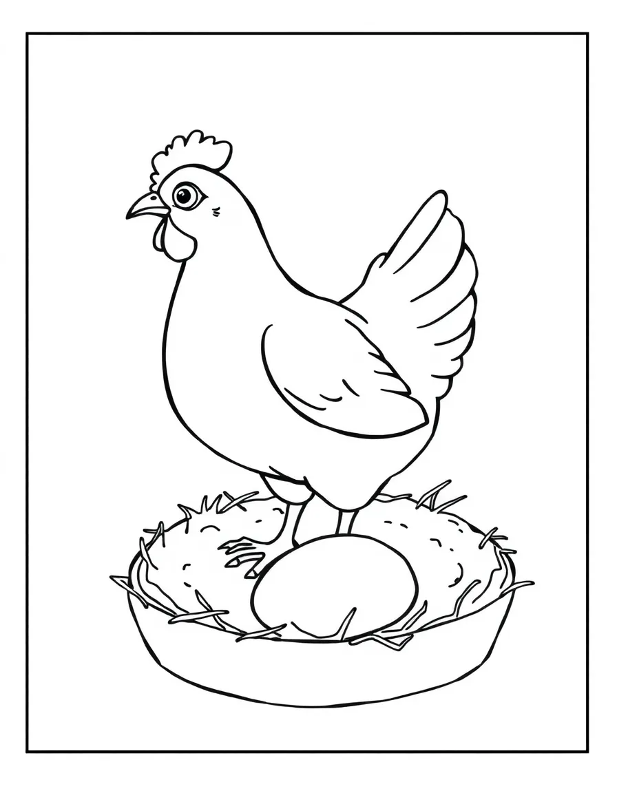 A chicken standing in a nesting box with a fresh egg beneath it.