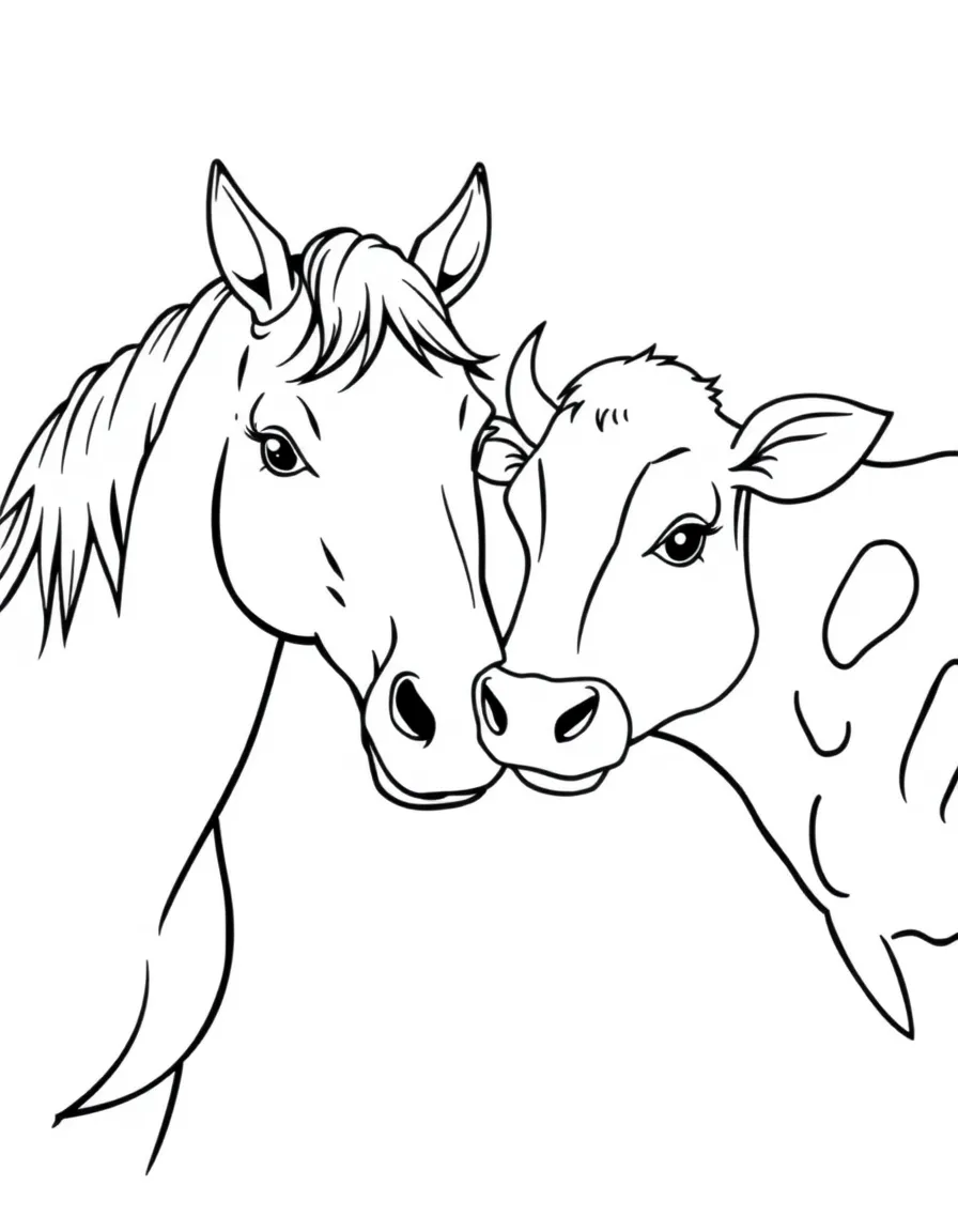 A horse and a cow touching noses in a friendly greeting.