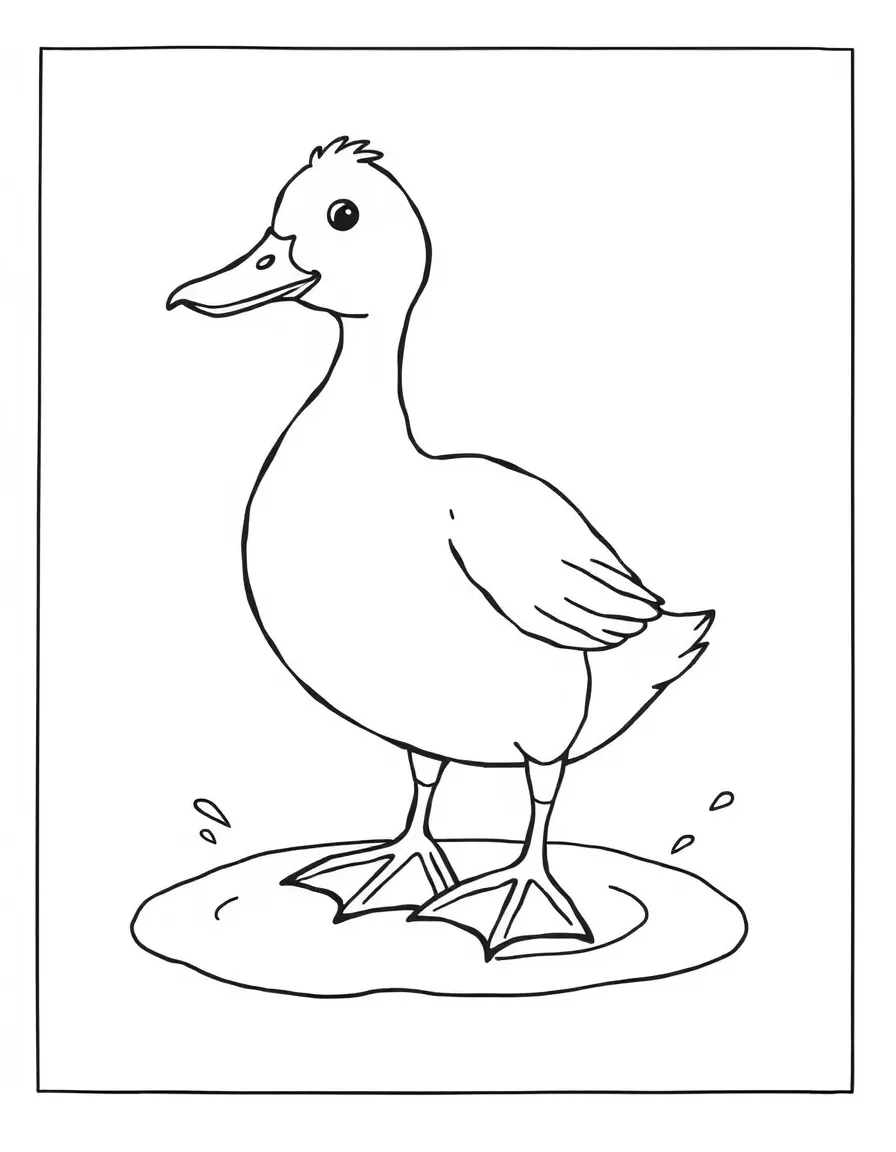 A duck standing in a puddle, splashing with its webbed feet.