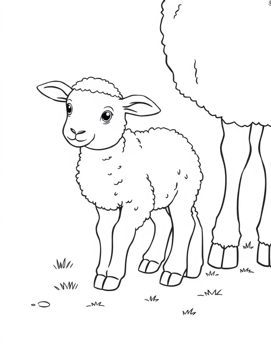 A baby lamb standing on wobbly legs near its mother.
