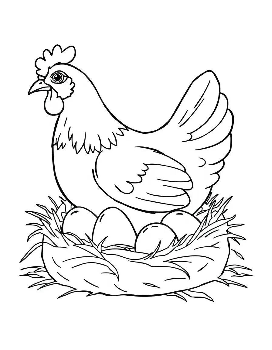 A hen guarding her eggs in a warm nest.