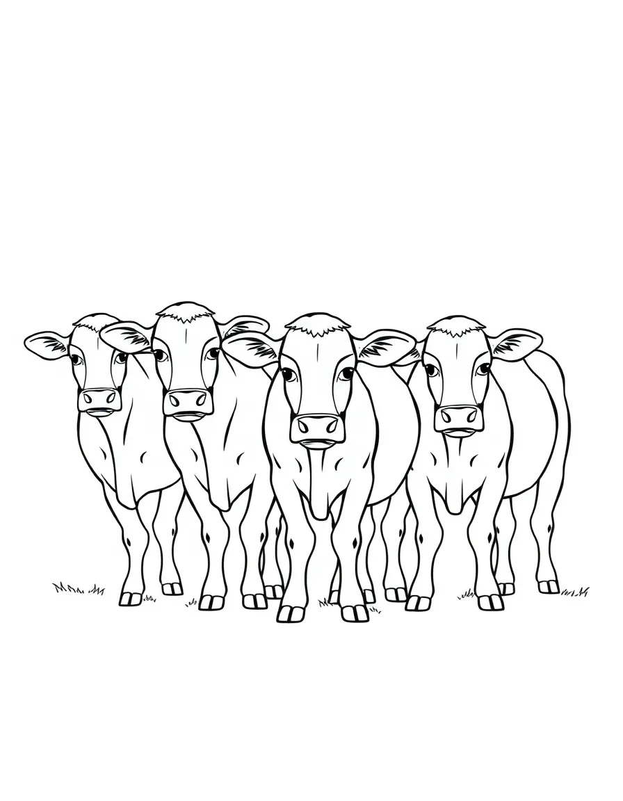 A group of cows standing in a line, looking at the viewer.