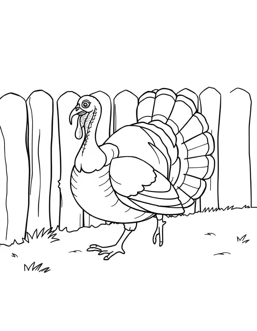 A turkey walking near a wooden fence, its feathers fluffed out.