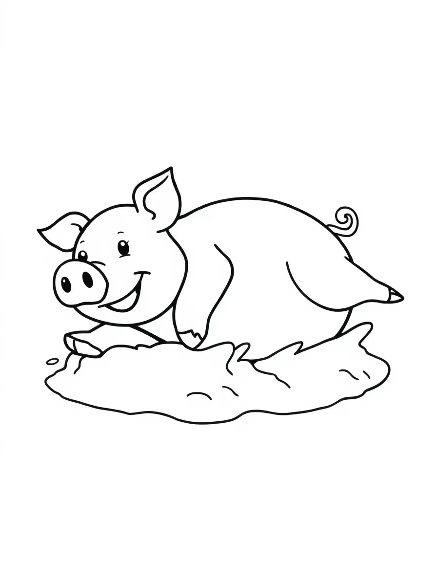 A pig rolling over in the mud with a happy expression.
