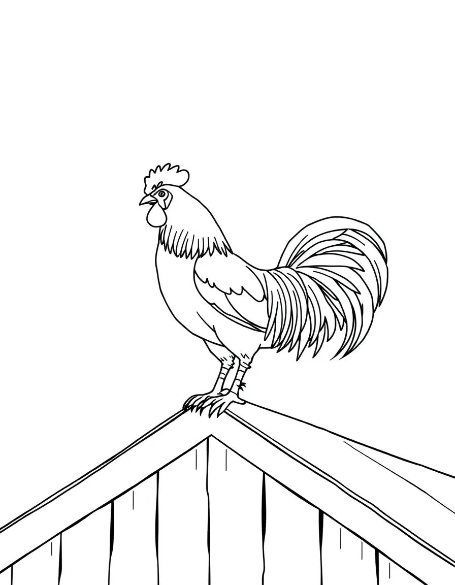 A rooster perched on a barn rooftop at dawn.