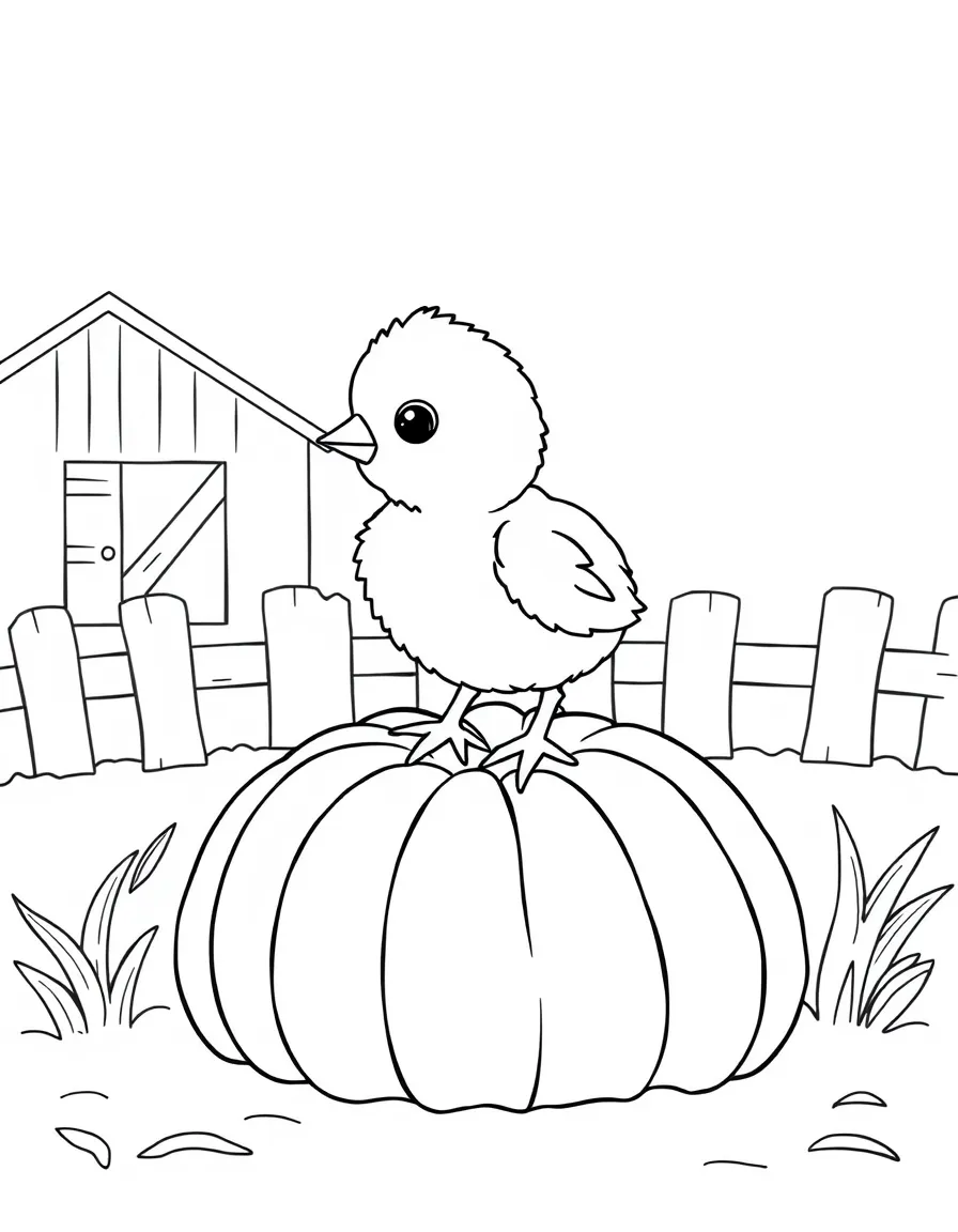A baby chick standing on top of a pumpkin in a barnyard.