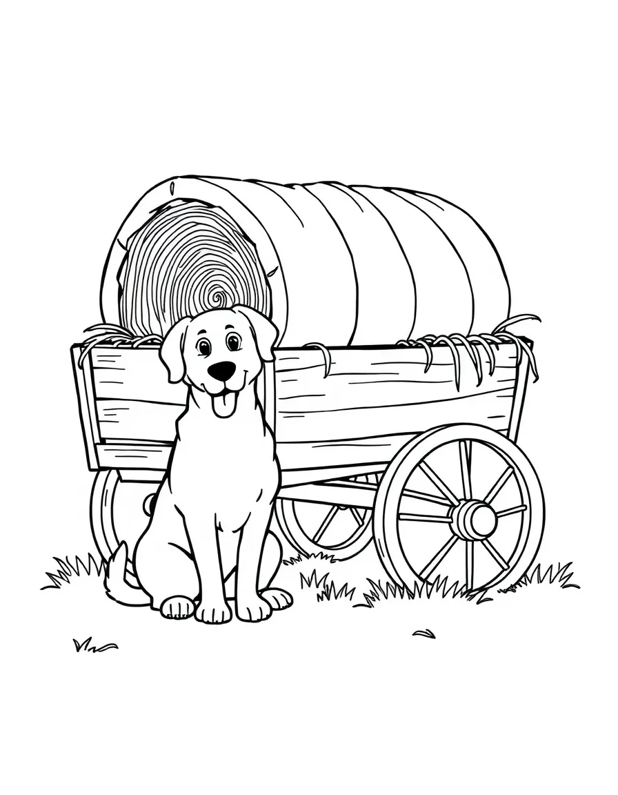 A farmer's dog sitting beside a wooden wagon full of hay.