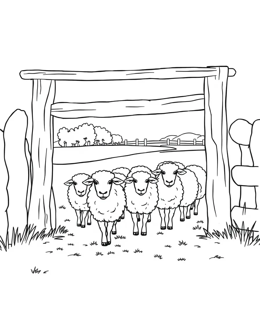 A group of sheep walking through a wooden gate into a pasture.