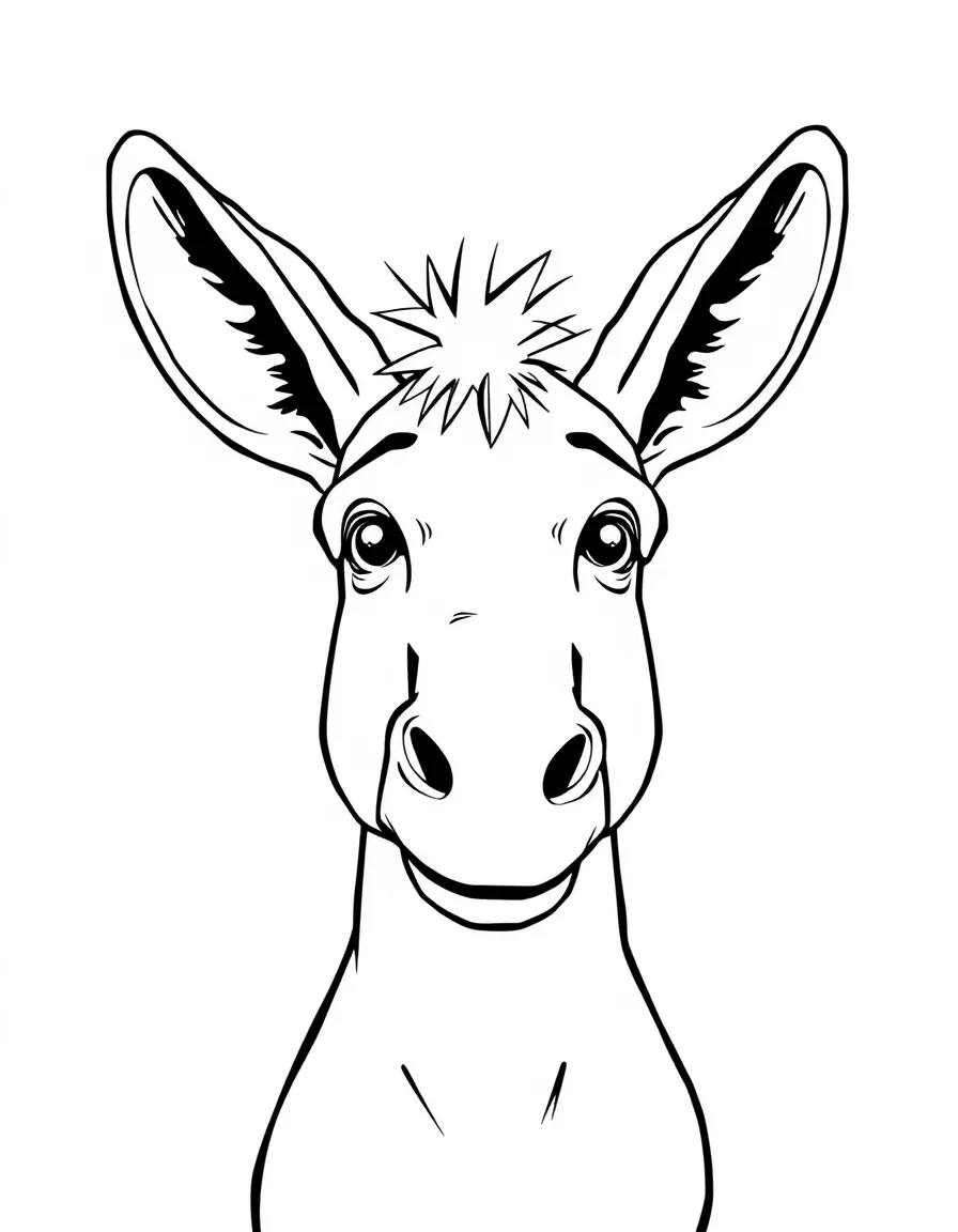 A donkey with big, floppy ears looking curiously at the viewer.