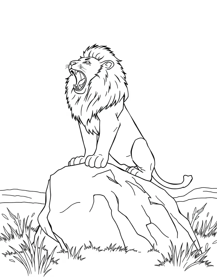 A lion roaring on top of a rock in the savannah.