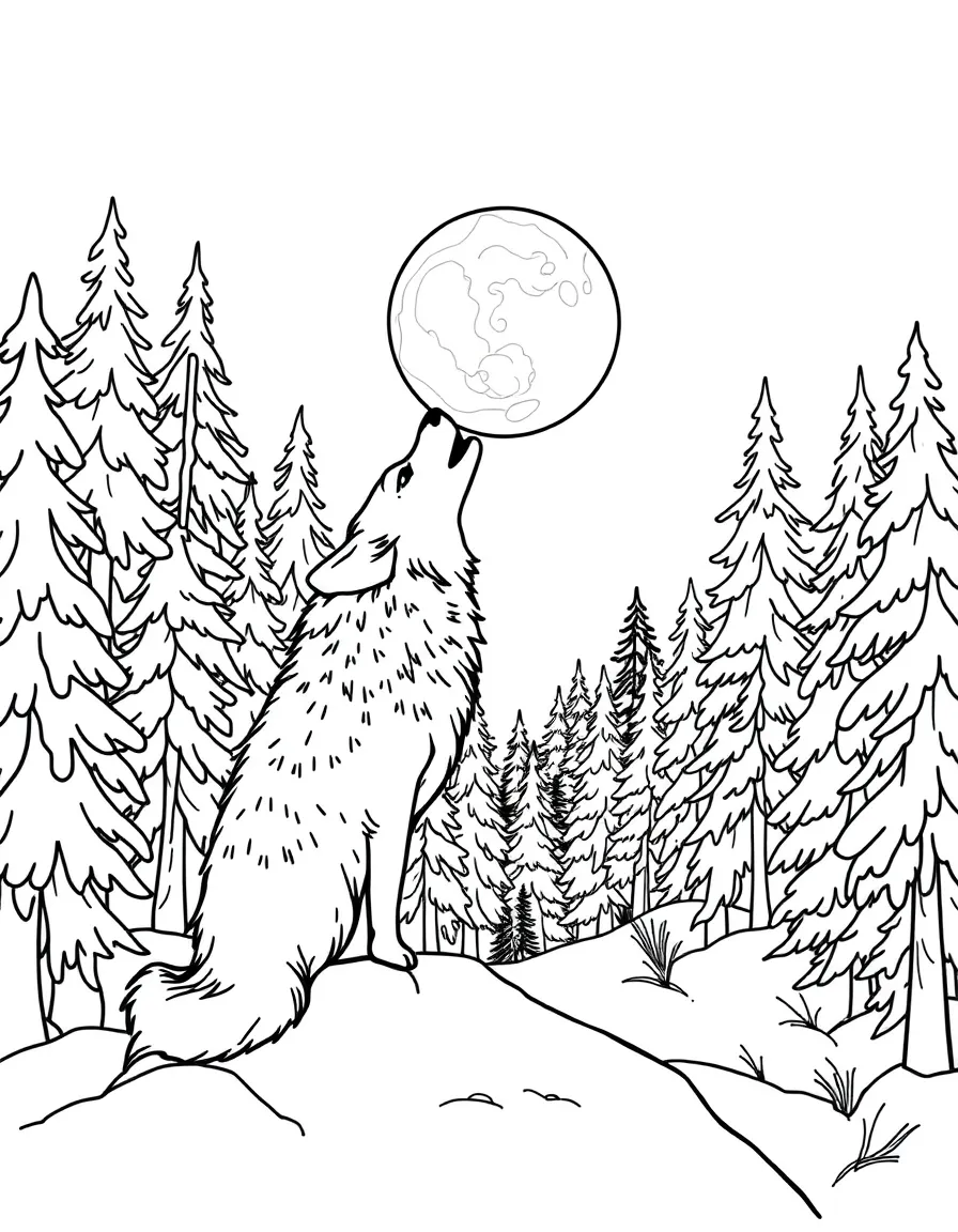 A wolf howling at the full moon in a snowy forest.