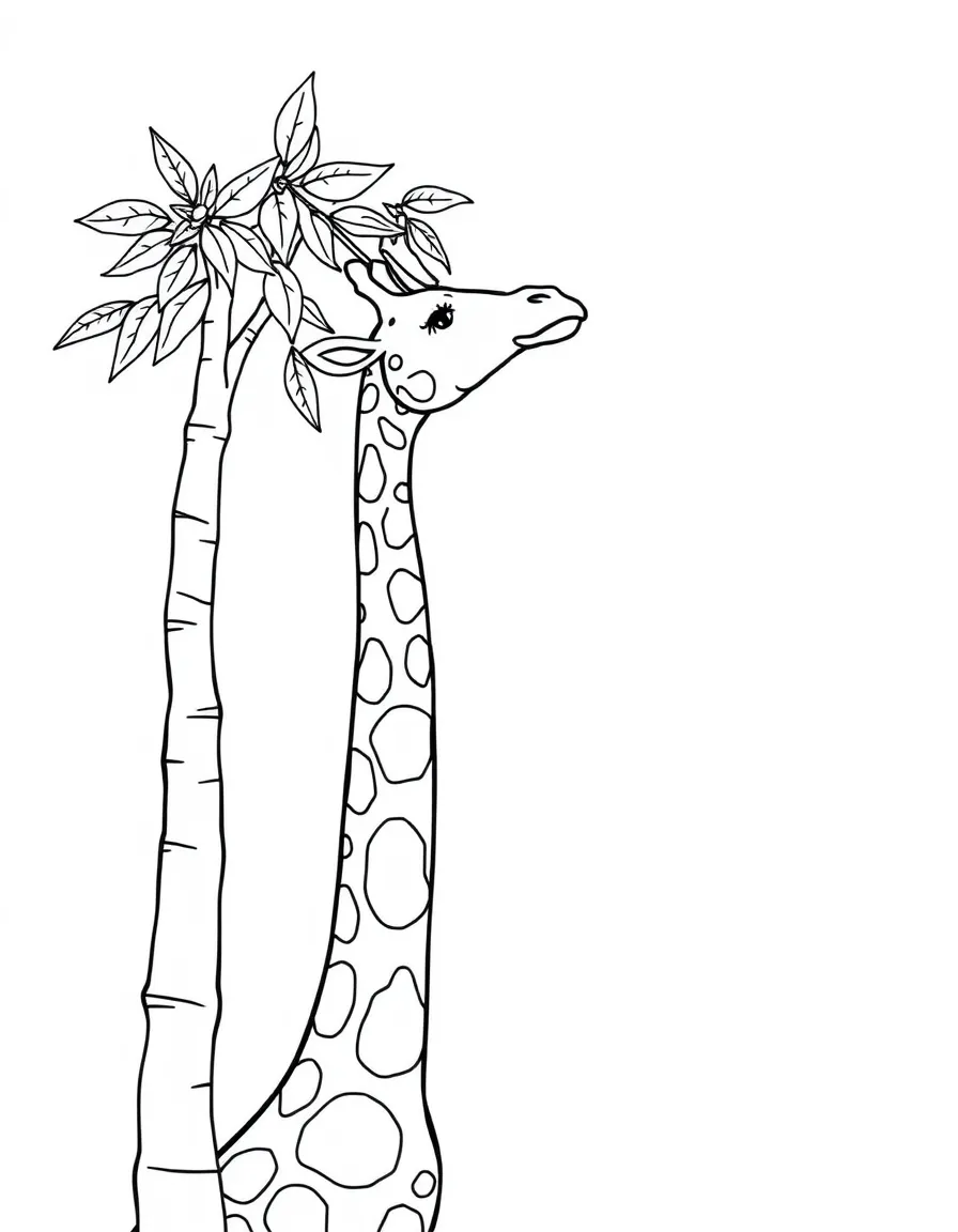 A giraffe stretching its long neck to eat leaves from a tall tree.