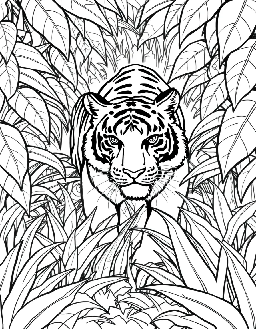 A tiger prowling through dense jungle foliage.