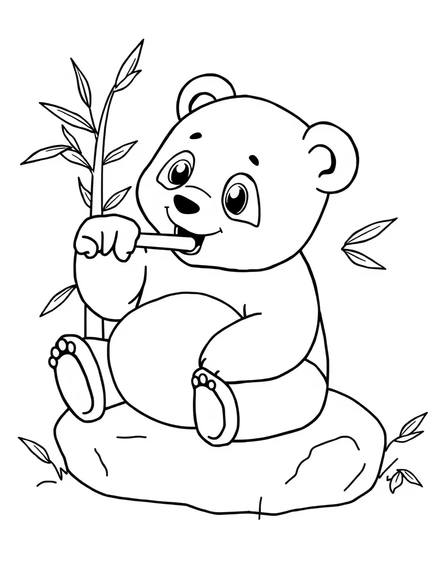 A panda munching on bamboo while sitting on a rock.