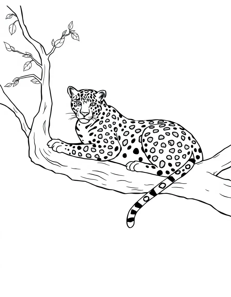 A leopard resting on a tree branch, observing the surroundings.