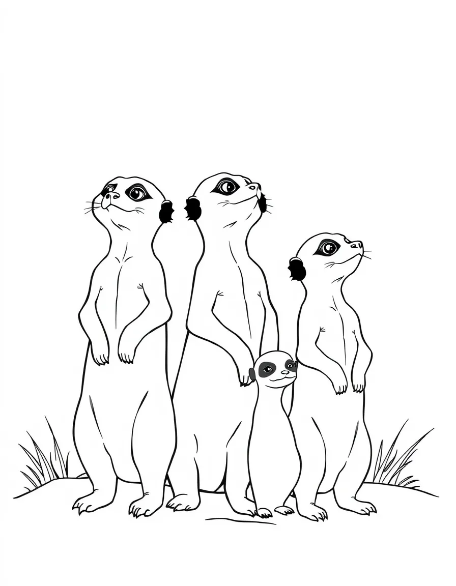 A family of meerkats standing upright, looking out for danger.
