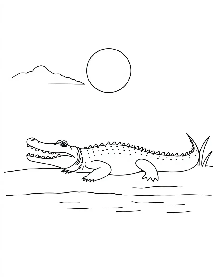 A crocodile sunbathing on a riverbank.