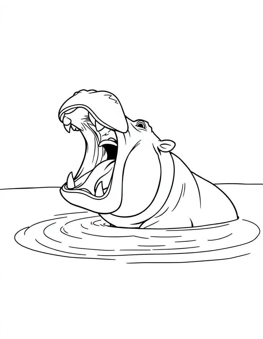 A hippo yawning widely in the middle of a lake.