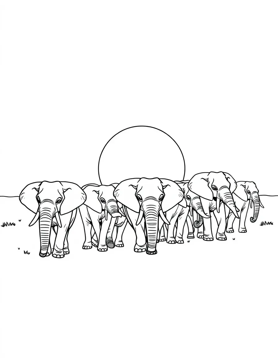 A herd of elephants walking in a line at sunset.