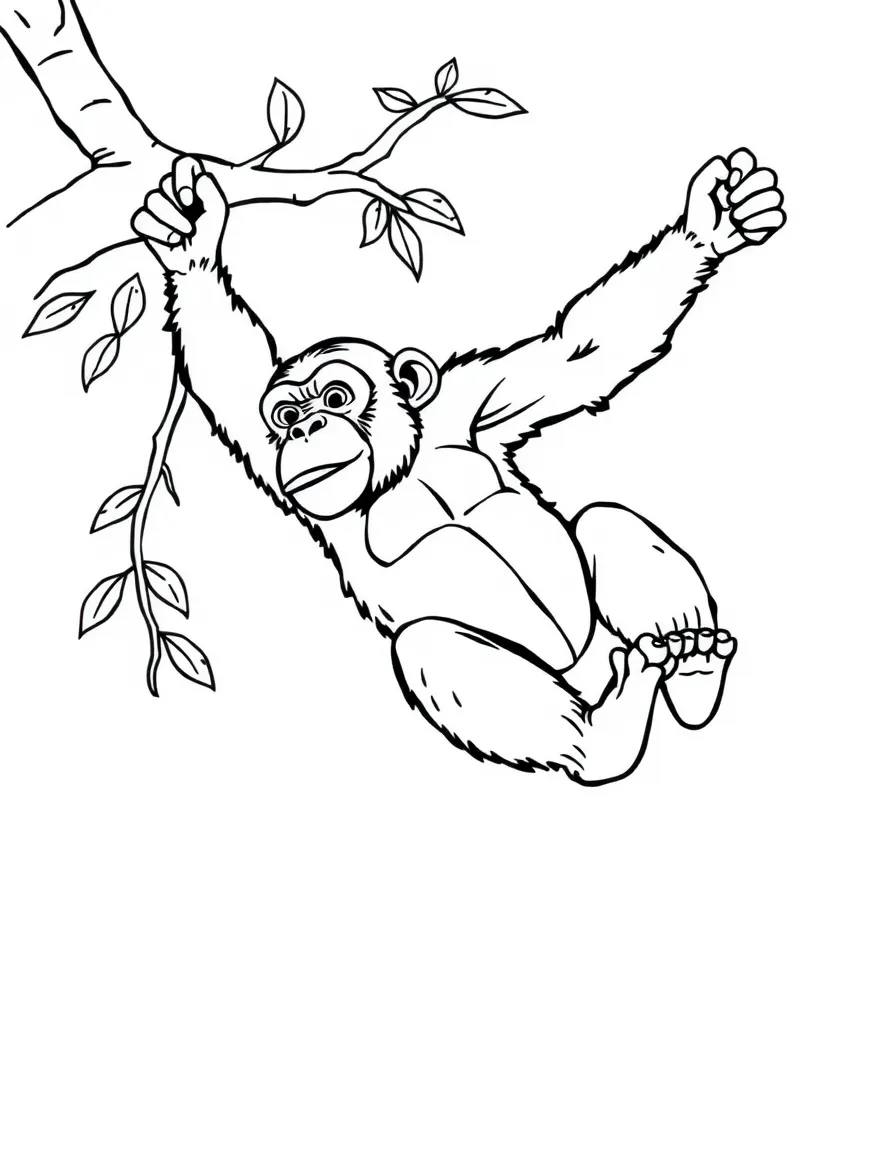 A chimpanzee swinging from a tree vine.
