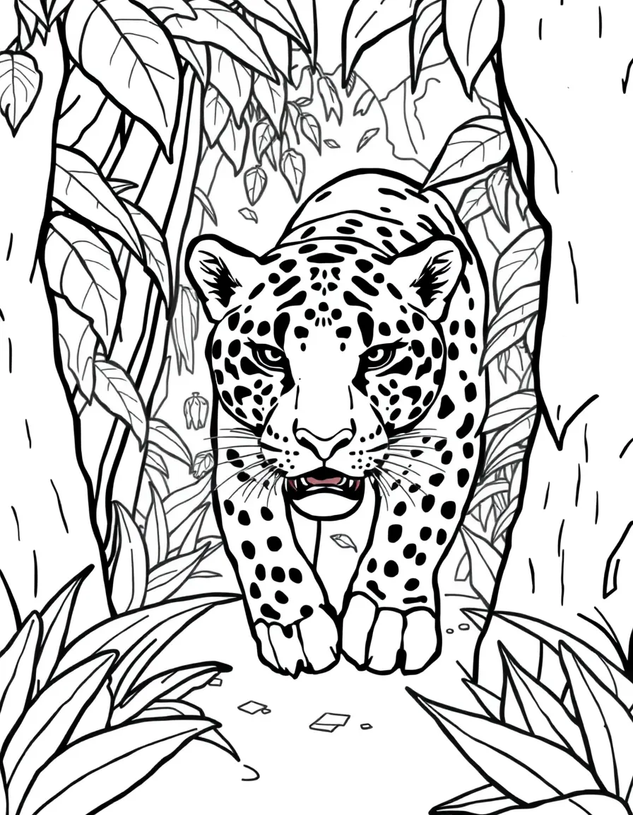 A jaguar emerging from the shadows in a rainforest.