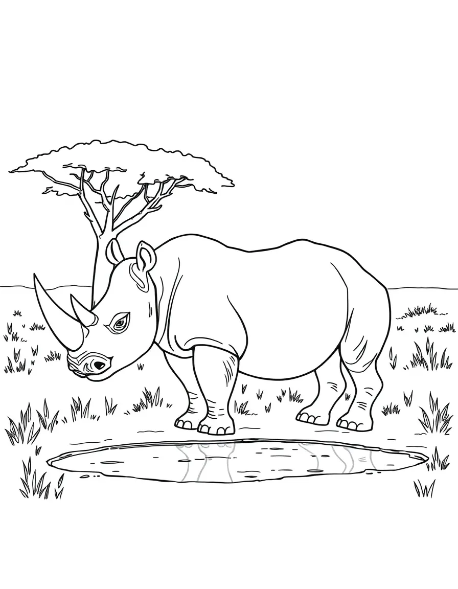 A rhino standing near a waterhole in the savannah.