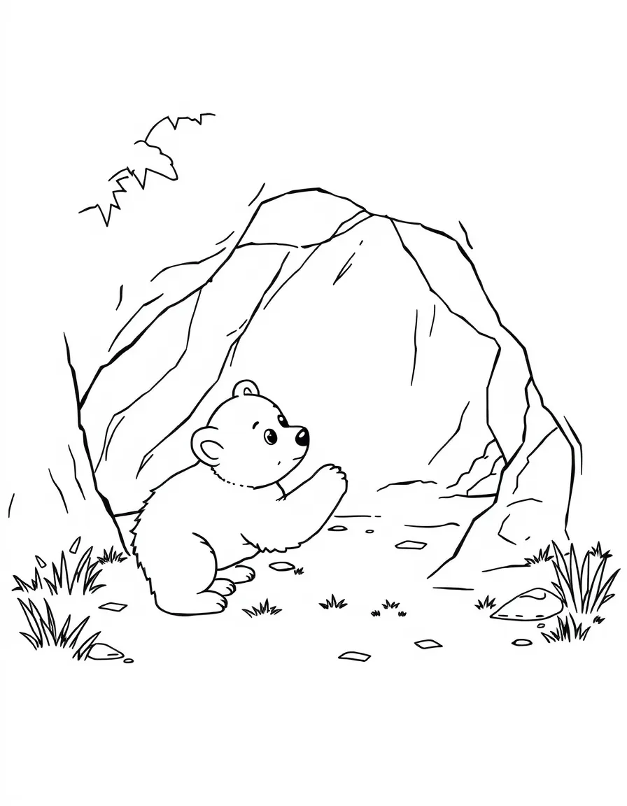 A bear cub playing with its mother near a cave.