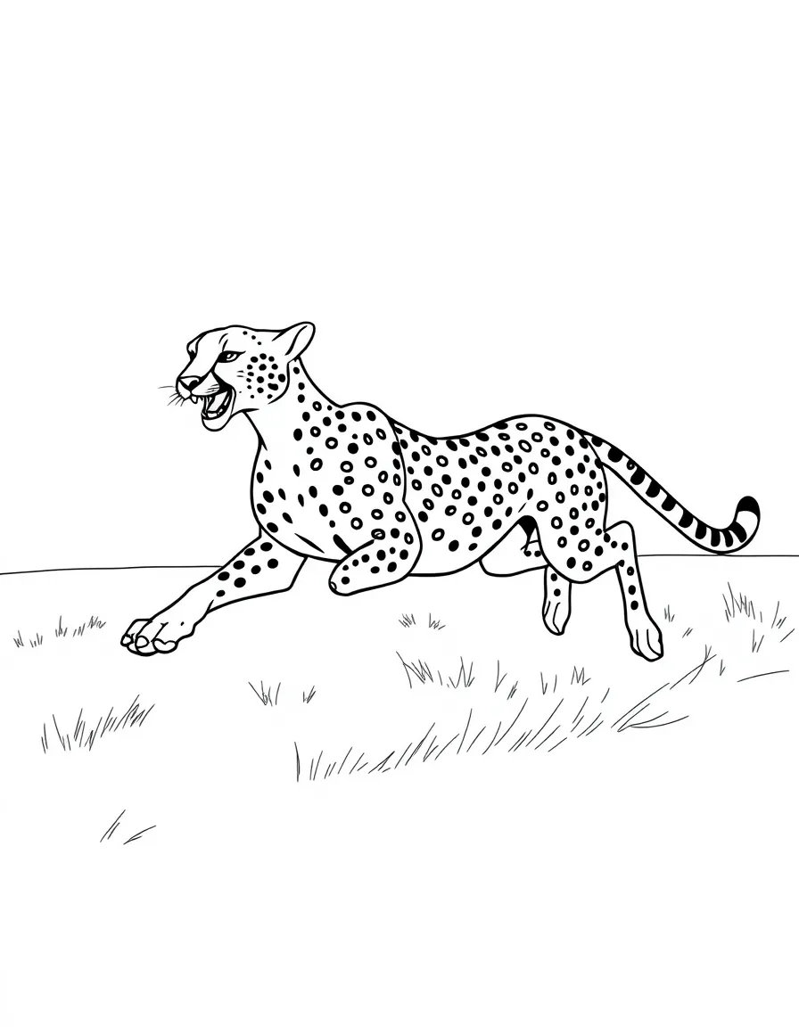 A cheetah running at full speed across an open plain.