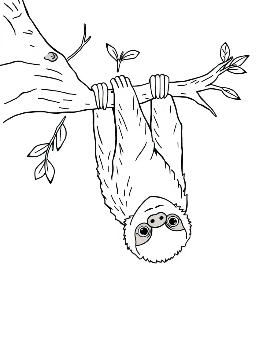 A sloth hanging upside down from a tree branch.
